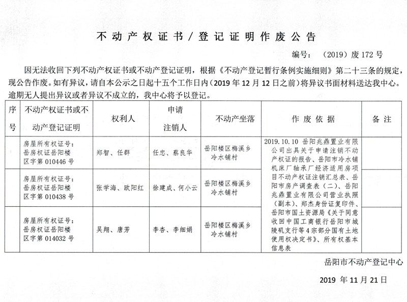 不动产权证书、登记证明作废公告 编号： （2019）废172号（房屋权人：郑智、任群、张学海、欧阳红、吴翔、唐芳；房屋所有权证号：岳房权证岳阳楼区字第010446、010438、014032号）