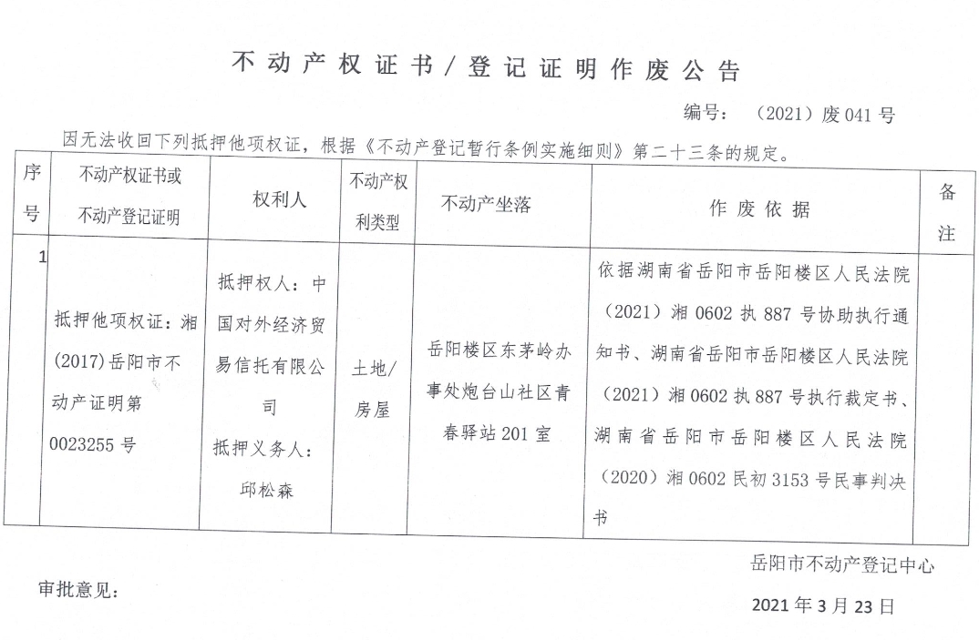 不动产权证书、登记证明作废公告 编号： （2021）废041号（抵押权人中国对外经济贸易信托有限公司；抵押义务人邱松森）